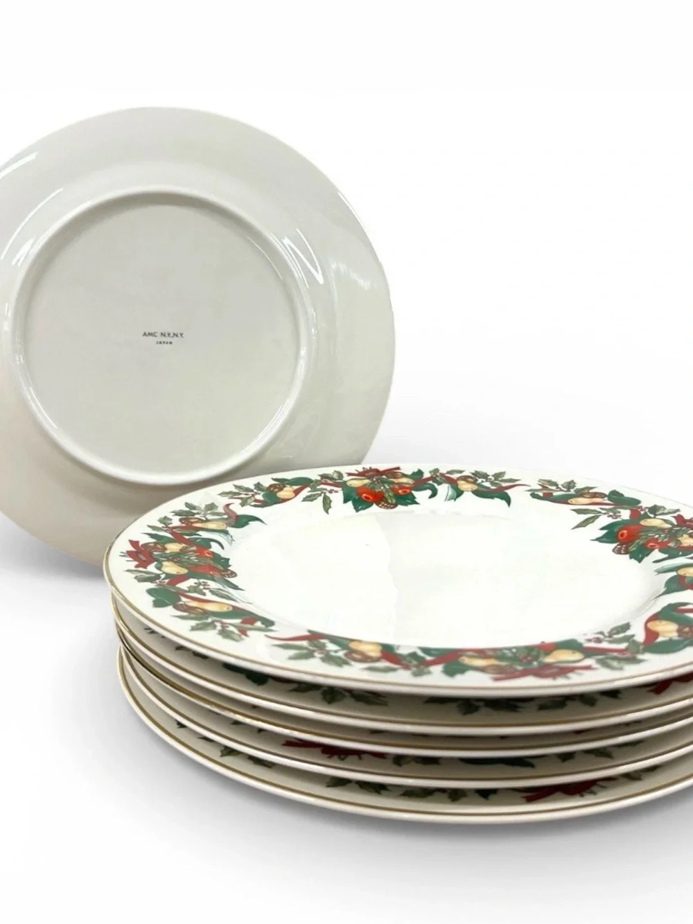 AMC Christmas Bounty Dinner Plates Set of 6 Japan Gold Trim Holiday 10⅜” Vintage